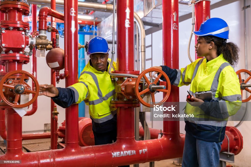 Sprinkles Engineer Engineer Or Technician Work Checking Fire Suppression System And Fire ...