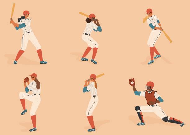 zawodniczki baseballu izolowane postacie vector set. dziewczyny z figurami z kijem baseballowym i piłką na boisku. kobiety baseballistki na różnych pozycjach. dzbanek, ciasto, łapacz - baseball baseballs child people stock illustrations