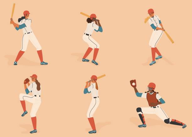 женщины-бейсболистки изолированы от векторного набора персонажей. девушки-игроки фигуры с бейсбольной битой и мячом на поле. женщины-бейсб - baseballs baseball stadium athlete stock illustrations