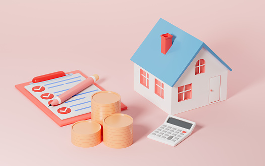 A house and a calculator, calculate the price of a house, 3d rendering. Computer digital drawing.