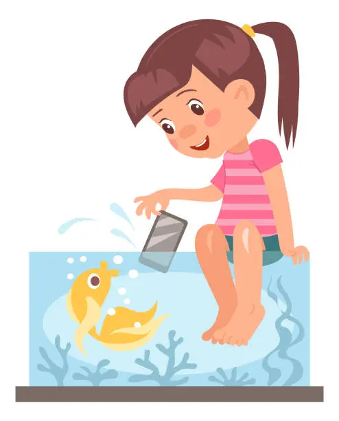 Vector illustration of Kids destroy. Children bad behavior. Naughty girl putting smartphone into aquarium. Mischievous teenager breaking device. Fidget spoiling phone. Destructive game. Vector illustration