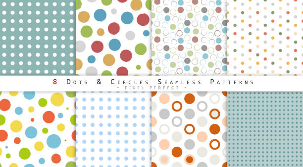 Dots & Circles Seamless Background Set - 8 Pixel Perfect Vector Patterns Various Dots & Circles Seamless Patterns Collection. Endless Texture for Wallpaper, Fabric Print, Webpage Background, Wrapping Paper Print yellow red green background stock illustrations
