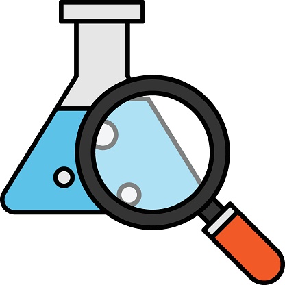 Erlenmeyer flask with magnifier Concept, Mixing  titration flask vector color icon design, Biochemistry symbol, Biotechnology and Biochemical Sign, Science and engineering stock illustration