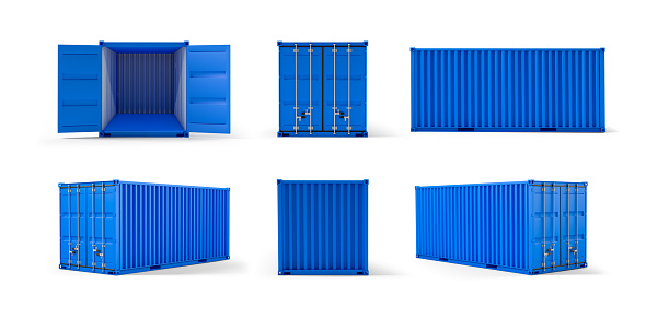 Set of cargo containers of blue color. Front view, back side and perspective
