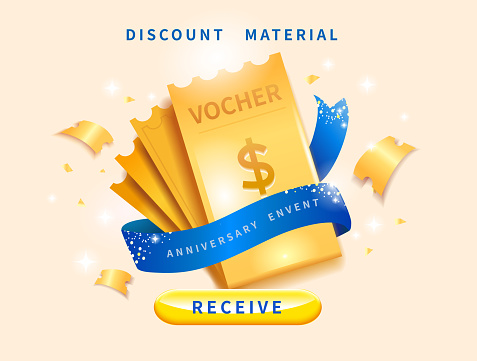 Premium luxury gift voucher template with golden voucher coupon wrapped in blue ribbon