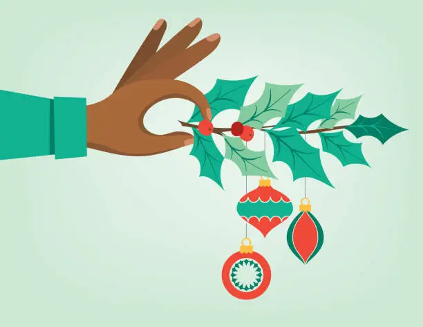 Vector illustration of Hand Holding Holly with Ornaments