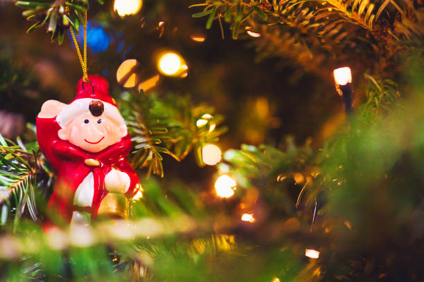 Closeup image of Christmas Ornaments on a beautifully decorated tree