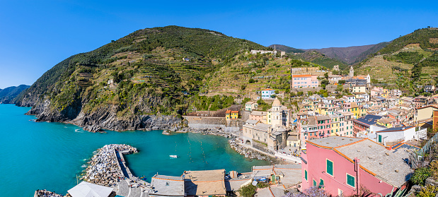 Pastel colored buildings of Vernazza, one of the villages in the Cinque Terre - province of La Spezia (5 shots stitched)