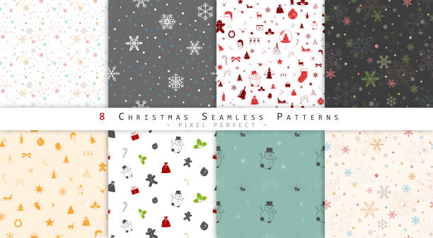 świąteczny bezszwowy zestaw wzorów - 8-pikselowe idealne tło wektorowe - wrapping paper christmas gift snowman stock illustrations