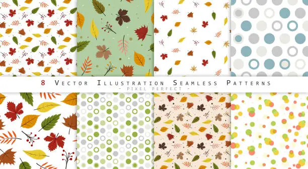 Vector illustration of Autumn Leaves, Dots & Circles Seamless Background Set - 8 Pixel Perfect Vector Patterns