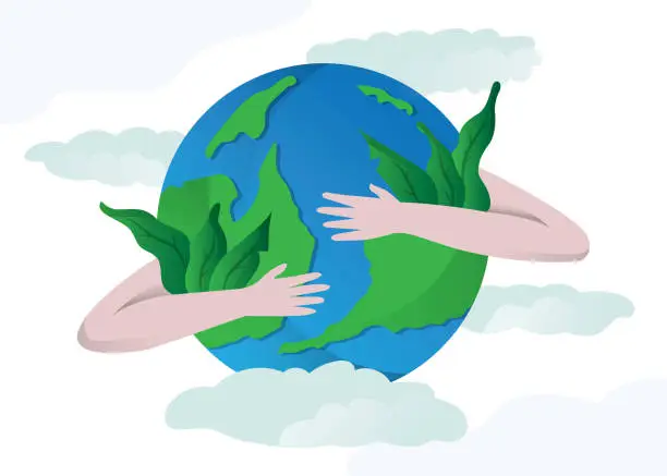 Vector illustration of Happy earth day, hands holding globe, Earth day concept, Modern cartoon flat style illustration