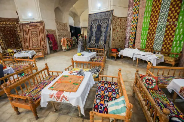 Traditional Oriental hand-woven Carpets with Geometric Patterns in Bukhara, Uzbekistan