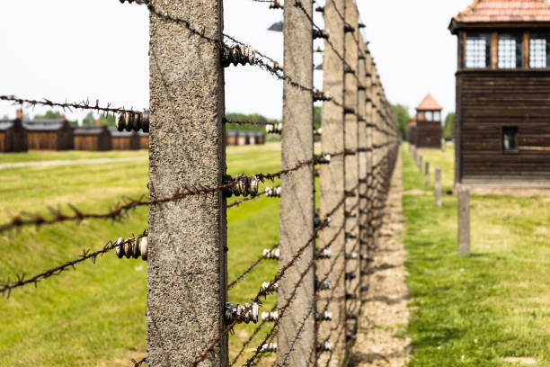 filo spinato intorno al campo di concentramento di auschwitz-birkenau. oswiecim, polonia, 16 maggio 2022 - auschwitz foto e immagini stock