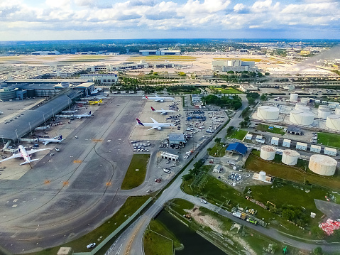 Miami, USA - November 15, 2021: View of the Miami International Airport parking facilities. It is the largest gateway between the United States and south to Latin America and the Caribbean, and is one of the largest airline hubs in the United States.