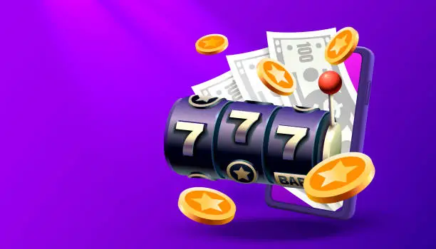 Vector illustration of Casino slots machine winner, online games phone, 777 win banner. Vector