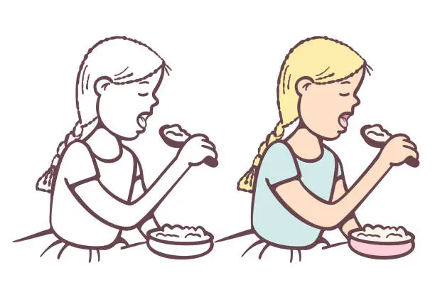 Vector illustration of The girl eats porridge for breakfast.