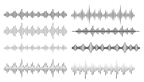 fale audio w abstrakcyjnym stylu. linie częstotliwości audio i głosu. symbole korektora głośności. wektor ustawiony na białym tle. - white background audio stock illustrations