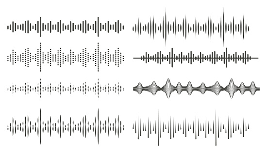 Audio waves in abstract style. Audio and voice frequency lines. Volume equalizer symbols. Vector set on white background