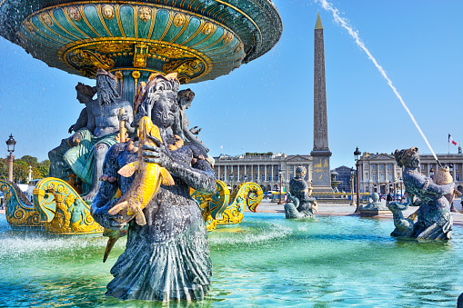 Fountain of River Commerce and Navigation and Obelisk of Luxor at the Place de la Concorde in Paris, France