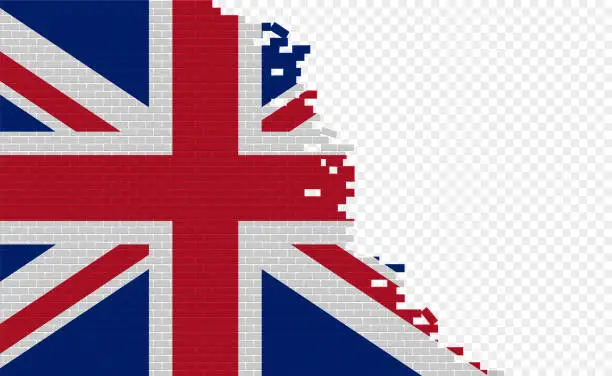 Vector illustration of United Kingdom flag on broken brick wall.