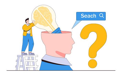 Searching creative idea, innovation thinking, discover new insight for project development, imagination, brainstorming, creativity concepts. Businessman pulling up inspiration lightbulb in huge head.