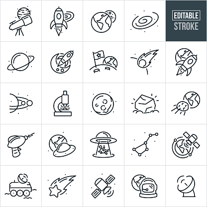 A set of space icons that include editable strokes or outlines using the EPS vector file. The icons include a telescope with planet in background, rocket-ship blasting off into space, planet earth with moon in the background, starry galaxy, planet Saturn, rocket-ship flying through space with moon in background, flag on moon surface with earth in the background, meteor heading towards earth, shooting star, rocket ship floating through air with earth in background, planet solar system, microscope examining space rock, the moon, chunk of glowing space rock, laser gun, UFO with planet earth in the background, person being abduction by being sucked up into the belly of a UFO, big dipper constellation, satellite orbiting planet earth, moon rover, astronaut helmet with earth in background, satellite and an astroid hurling towards planet earth.