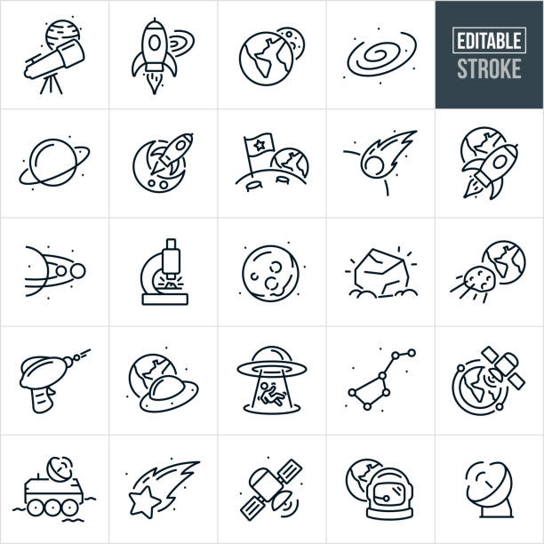 Space Thin Line Icons - Editable Stroke A set of space icons that include editable strokes or outlines using the EPS vector file. The icons include a telescope with planet in background, rocket-ship blasting off into space, planet earth with moon in the background, starry galaxy, planet Saturn, rocket-ship flying through space with moon in background, flag on moon surface with earth in the background, meteor heading towards earth, shooting star, rocket ship floating through air with earth in background, planet solar system, microscope examining space rock, the moon, chunk of glowing space rock, laser gun, UFO with planet earth in the background, person being abduction by being sucked up into the belly of a UFO, big dipper constellation, satellite orbiting planet earth, moon rover, astronaut helmet with earth in background, satellite and an astroid hurling towards planet earth. nasa stock illustrations