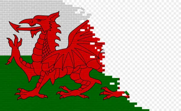 Vector illustration of Wales flag on broken brick wall.