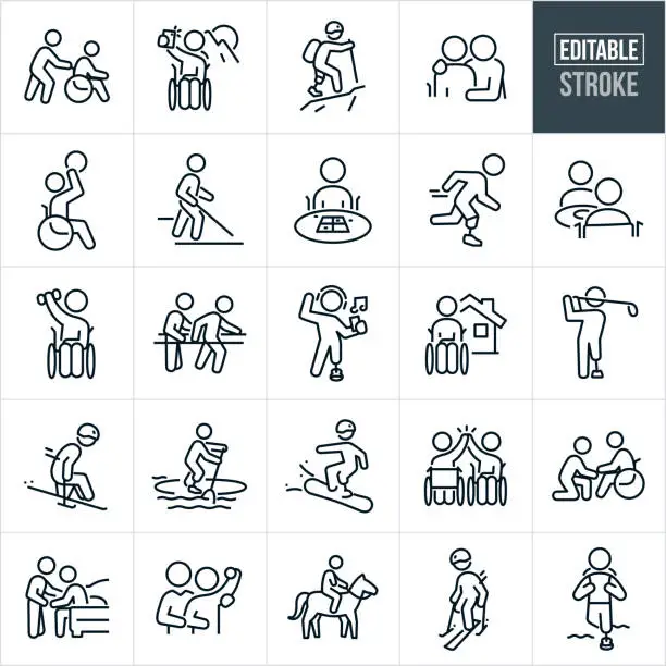 Vector illustration of People With Disabilities Thin Line Icons - Editable Stroke