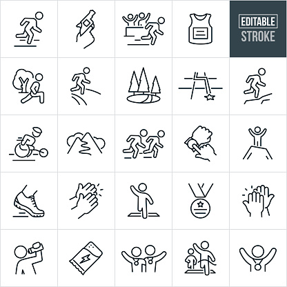 A set of marathon icons that include editable strokes or outlines using the EPS vector file. The icons include a person running the streets of a marathon, race starting gun being held up to the air, marathon runner with spectators cheering in the background, race jersey, person stretching before running, marathon race corse, person training for a marathon by running up mountain, marathon runner taking a drink from water bottle, mountain race course, marathon runners racing one another, hands checking activity tracking watch, running shoes, hands clapping, marathon runner crossing finish line with arm raised in the air, marathon race medal, high five, race winner crossing finish line in first place, energy bar, two marathon race finishers with arms around each others shoulders and a marathon race finisher with medal around neck and arms raised up in victory.