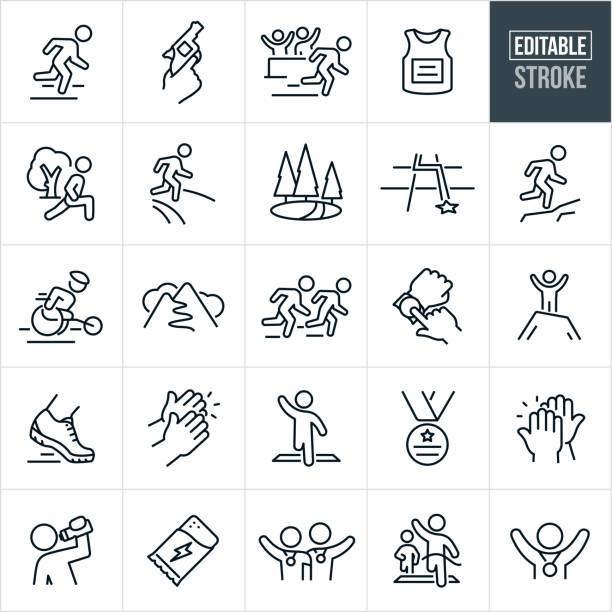 Marathon Thin Line Icons - Editable Stroke A set of marathon icons that include editable strokes or outlines using the EPS vector file. The icons include a person running the streets of a marathon, race starting gun being held up to the air, marathon runner with spectators cheering in the background, race jersey, person stretching before running, marathon race corse, person training for a marathon by running up mountain, marathon runner taking a drink from water bottle, mountain race course, marathon runners racing one another, hands checking activity tracking watch, running shoes, hands clapping, marathon runner crossing finish line with arm raised in the air, marathon race medal, high five, race winner crossing finish line in first place, energy bar, two marathon race finishers with arms around each others shoulders and a marathon race finisher with medal around neck and arms raised up in victory. track and field fans stock illustrations