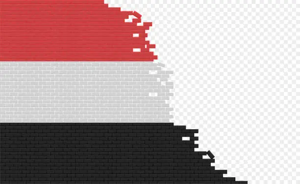 Vector illustration of Yemen flag on broken brick wall.