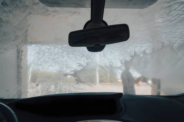 Young man washing car