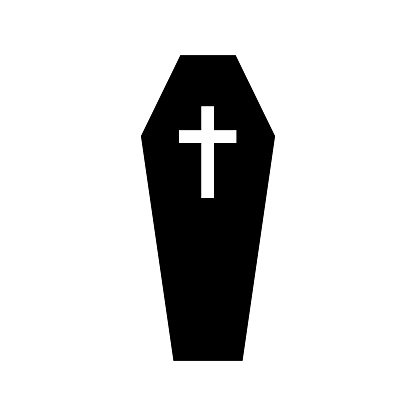 Black coffin with cross silhouette. Gloomy wooden box for burial of dead. Spooky container for rest and sleep vector vampire