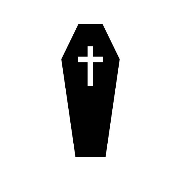 Black coffin with cross silhouette Black coffin with cross silhouette. Gloomy wooden box for burial of dead. Spooky container for rest and sleep vector vampire coffin stock illustrations