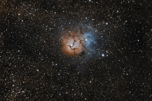 The Trifid Nebula (catalogued as Messier 20 or M20 and as NGC 6514) is an H II region in the north-west of Sagittarius in a star-forming region in the Milky Way's Scutum-Centaurus Arm.\nTelescope 153 mm\nCCD Camera\nExposure 300 seconds\n27 shots combined into a picture