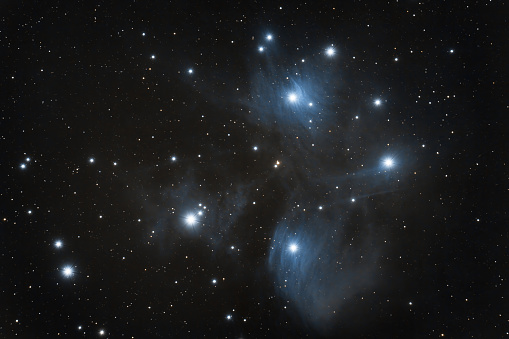 The Pleiades also known as The Seven Sisters, Messier 45 and other names by different cultures, is an asterism and an open star cluster  in the constellation Taurus.\nTelescope 132 mm\nDSLR Camera\nExposure 240seconds\n25 shots combined into a picture