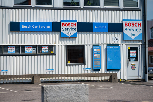 Gothenburg, Sweden - June 25 2022: Signs on the wall of Bosch car service facility.