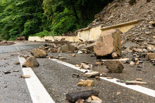 istock Scattered stones on the road. Rockfall. 1419368739