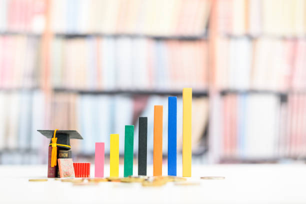 istock Education and life long learning is the key success, educational concept : Black graduation cap or a mortarboard, textbooks, increasing height color bar graphs with blurred bookshelf background. 1419370080