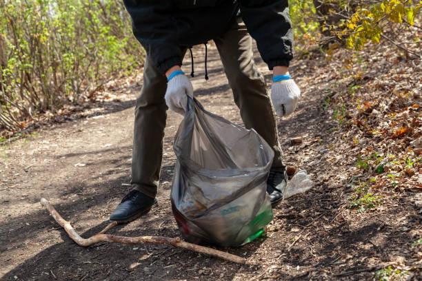 istock Man in white gloves collects plastic dishes in bag 1419374119