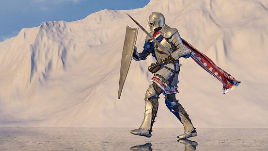 Medieval knight in the background of snowy mountains on a reflective surface of a frozen lake. 3d rendering.