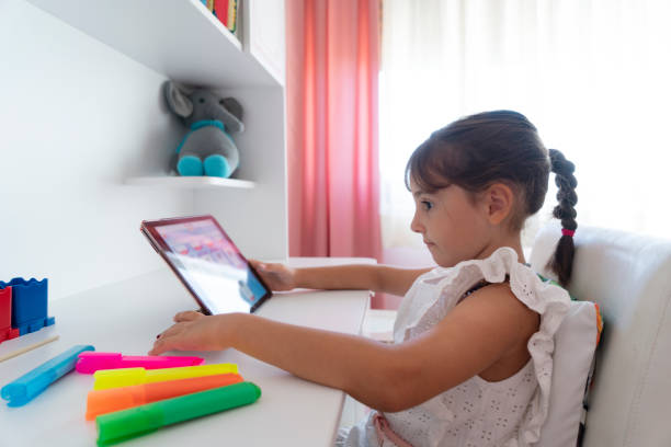 istock Cute Girl sitting at home and studying over internet 1419379561