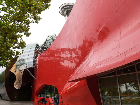 Seattle USA - July 23 2008; Bright red untra-modern Frank Gehry design building. facade