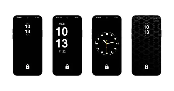 Vector illustration of Different Variations Lock screens Black And White clock designs smarthphone screen set