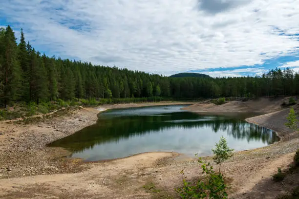 No inflow or outflow, only groundwater determines the level of this small lake, 14 meters between highest and lowest level.
Picture from Gröntjärns naturreservat (nature reserve), Ljusdal Sweden.