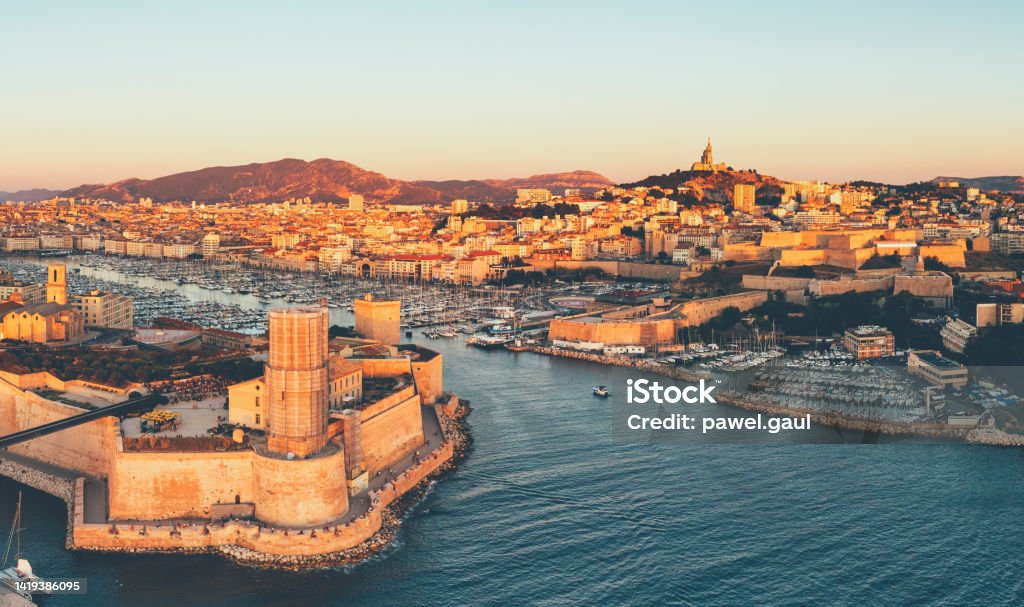 Aerial view of Viuex Old Port of Marseille during sunset in France Marseille Stock Photo
