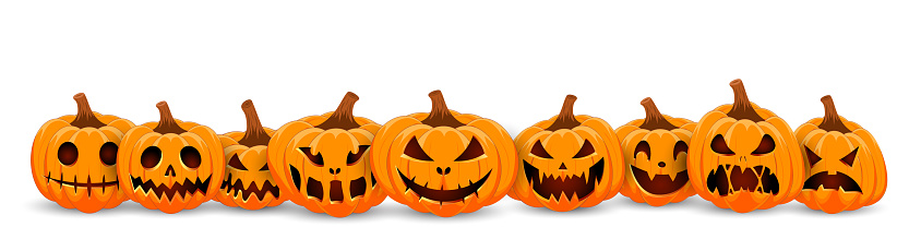 Happy Halloween banner. Pumpkins isolated. Main symbol of Happy Halloween holiday. Orange pumpkins with scary smile Halloween. Horizontal holiday poster, header for website. Vector illustration