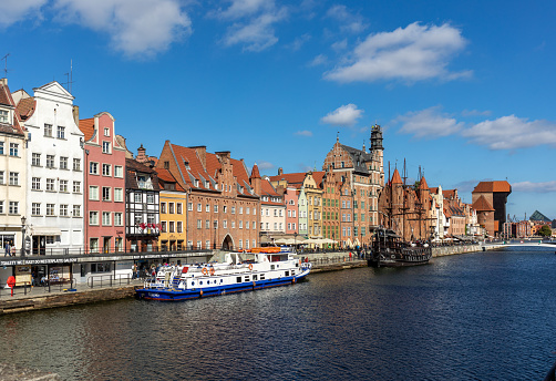 Gdansk, Poland - September 9, 2020: Passenger harbor on the Motawa River at Dlugie Pobrzeze in old town of Gdansk