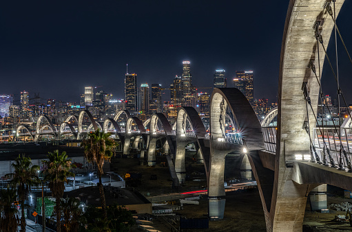 Night falls on LA's newly constructed 6th street bridge